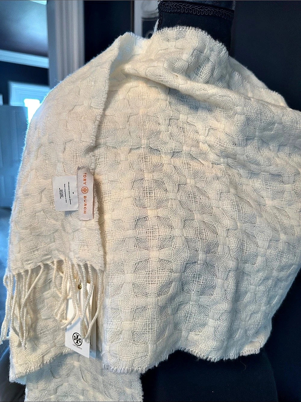 Tory Burch Whip-Stitch-T Scarf Merino Wool White NWT